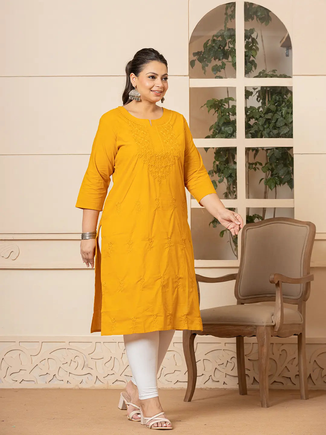 Women Mustard Floral Straight Plus Size Kurta-Yufta Store-1285PKURMS3XL