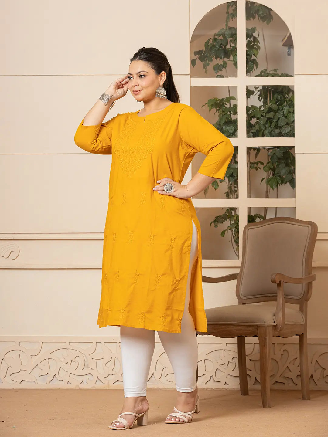 Women Mustard Floral Straight Plus Size Kurta-Yufta Store-1285PKURMS3XL