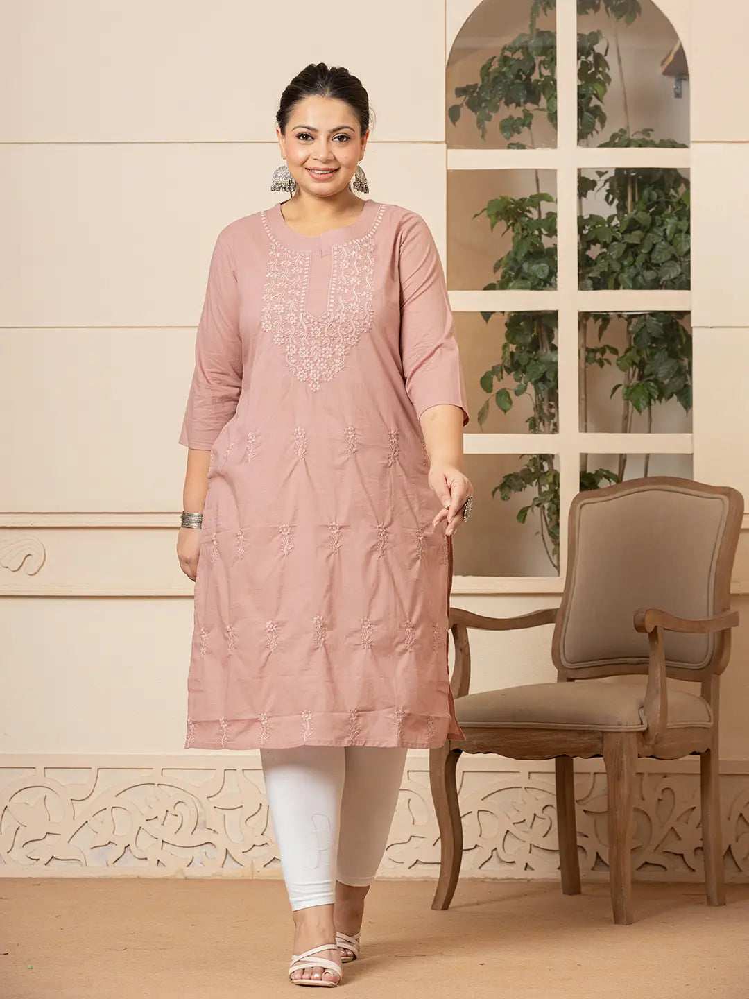 Women Mauve Floral Straight Plus Size Kurta-Yufta Store-1285PKURPR3XL