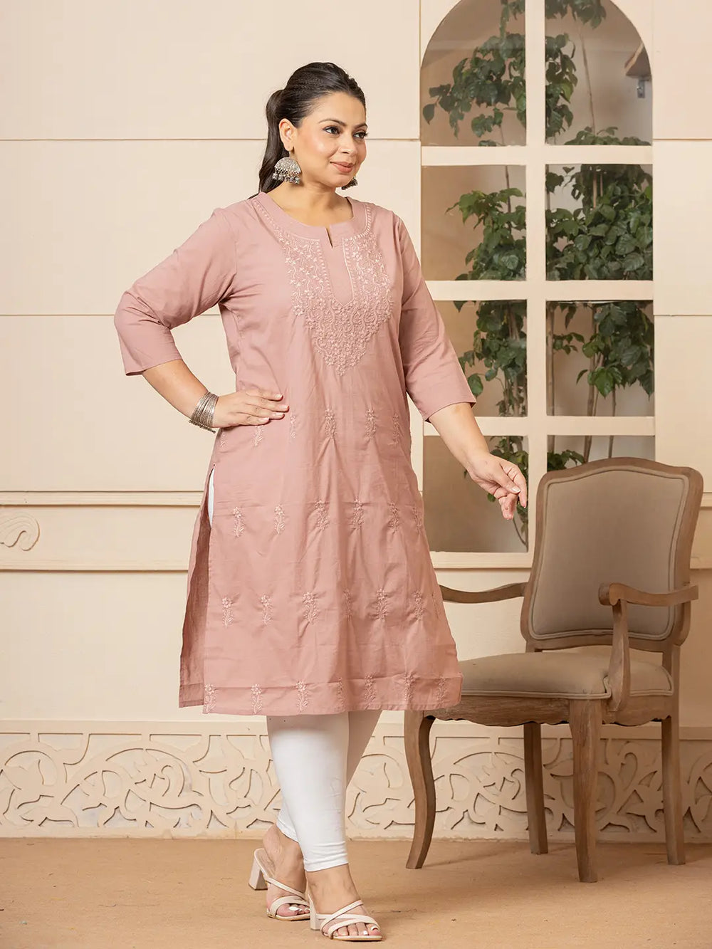 Women Mauve Floral Straight Plus Size Kurta-Yufta Store-1285PKURPR3XL