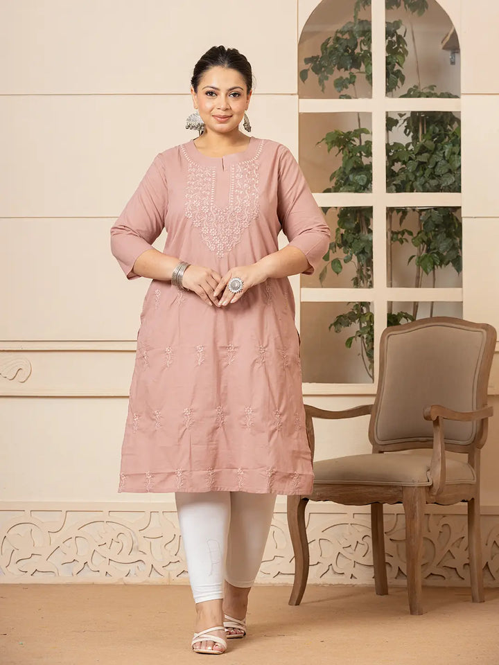 Women Mauve Floral Straight Plus Size Kurta-Yufta Store-1285PKURPR3XL