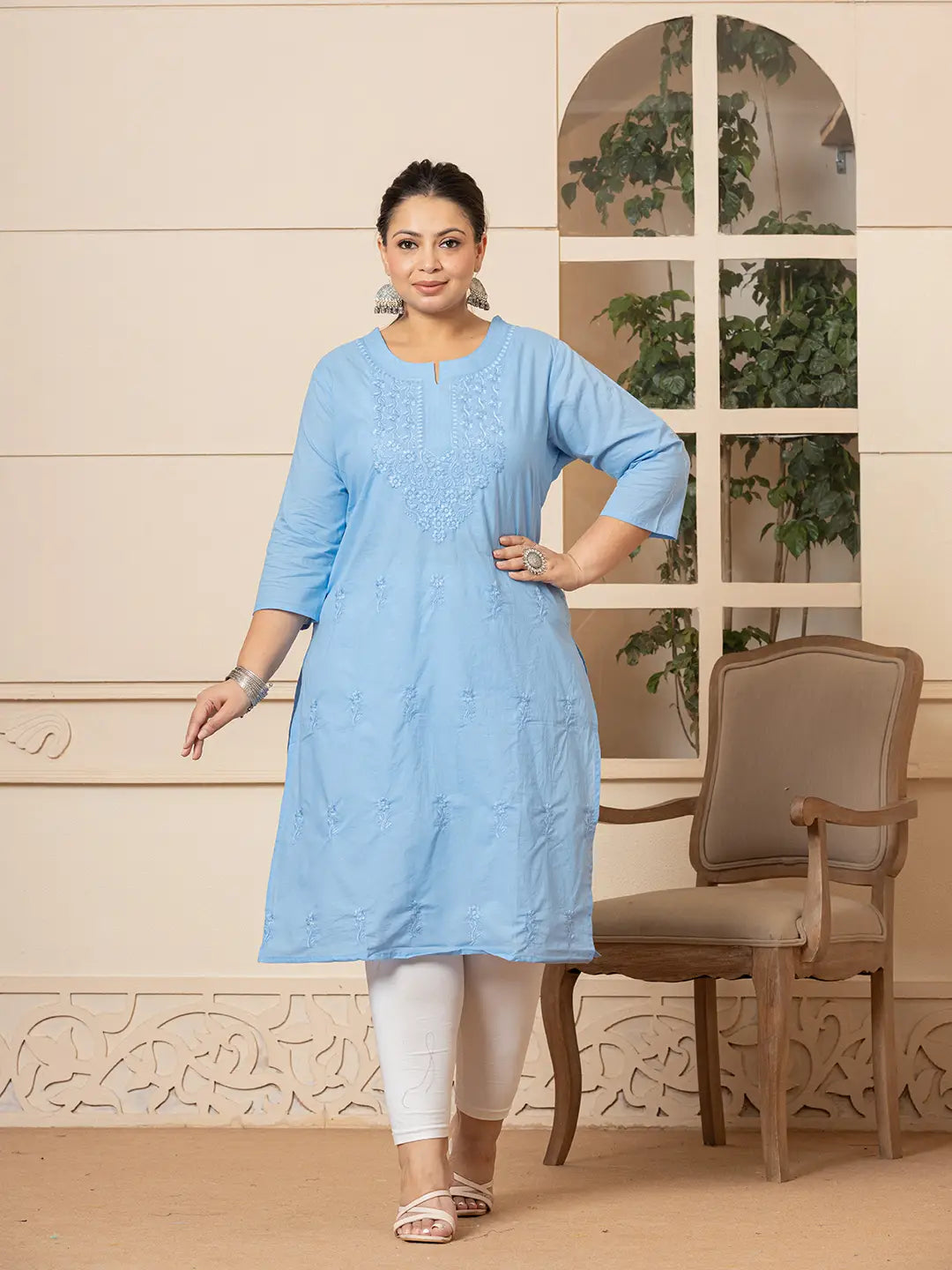 Women Sky Blue Floral Straight Plus Size Kurta-Yufta Store-1285PKURSB3XL