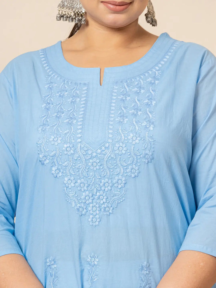 Women Sky Blue Floral Straight Plus Size Kurta-Yufta Store-1285PKURSB3XL