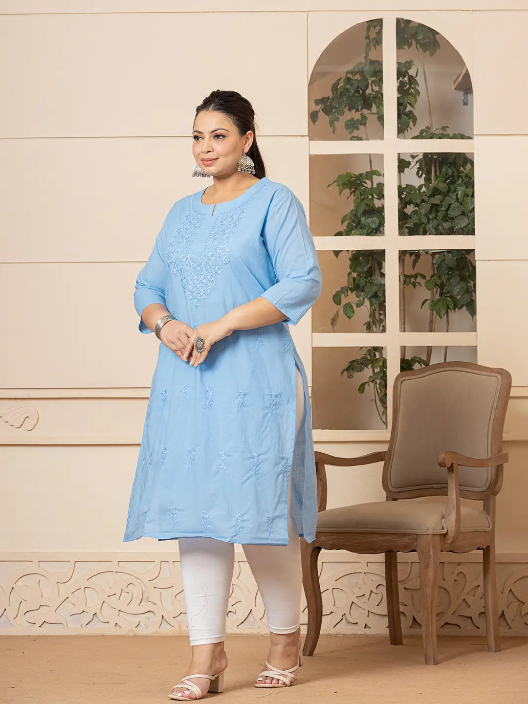 Women Sky Blue Floral Straight Plus Size Kurta-Yufta Store-1285PKURSB3XL