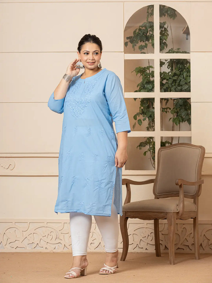 Women Sky Blue Floral Straight Plus Size Kurta-Yufta Store-1285PKURSB3XL