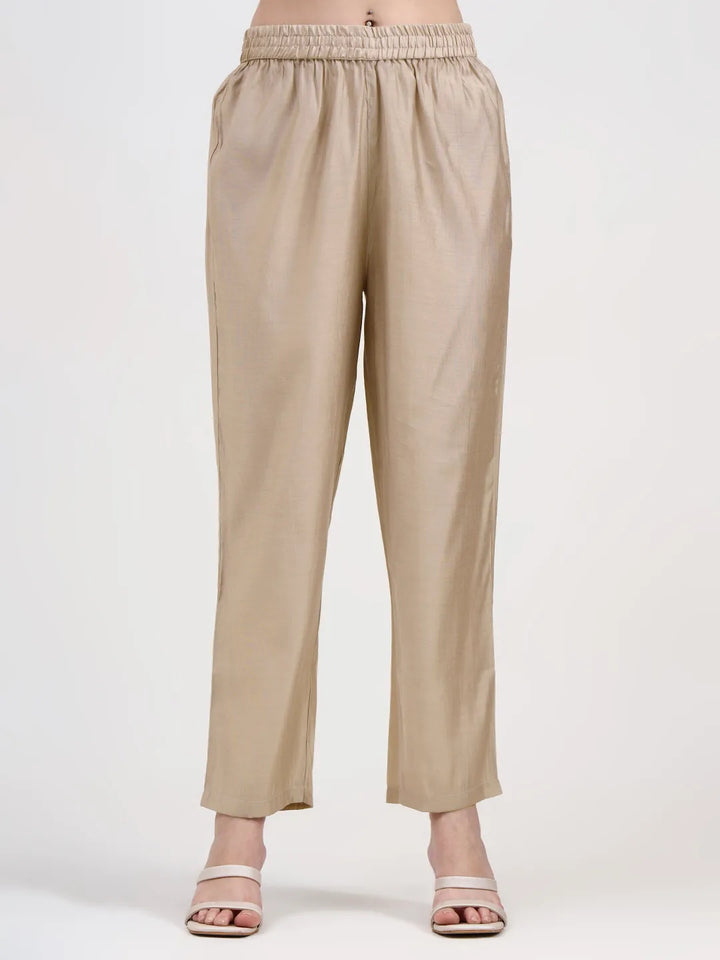 Mul Chanderi Beige Kurta Dupatta Pant Set