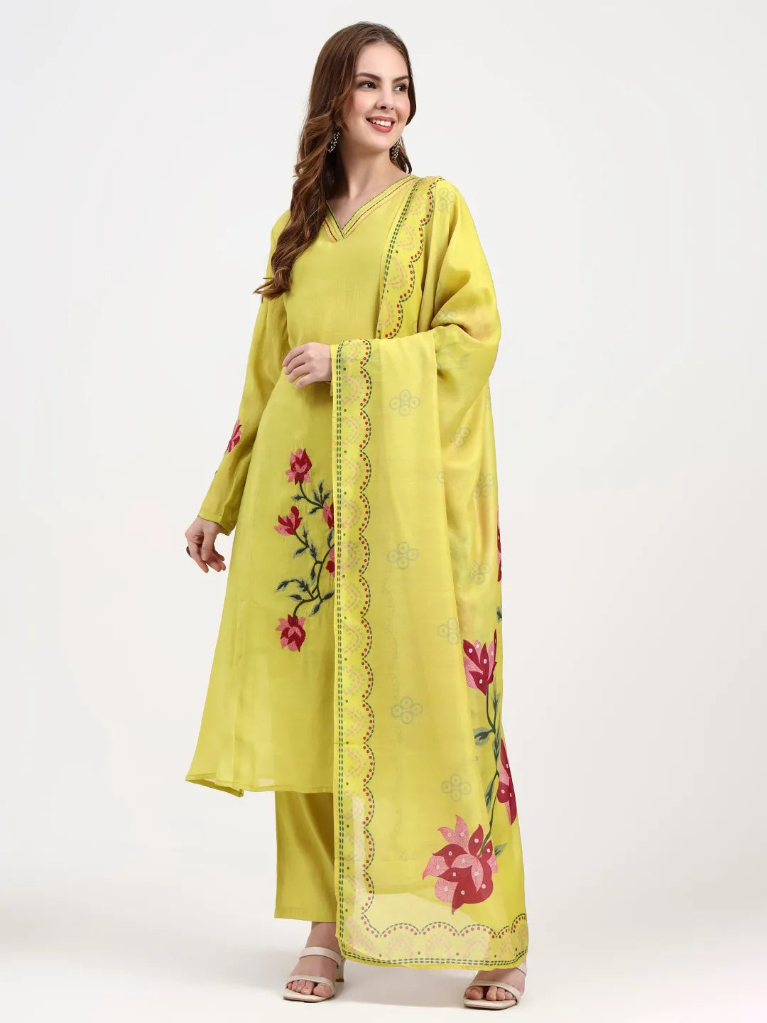 Mul Chanderi Lemon Yellow Kurta Dupatta Pant Set
