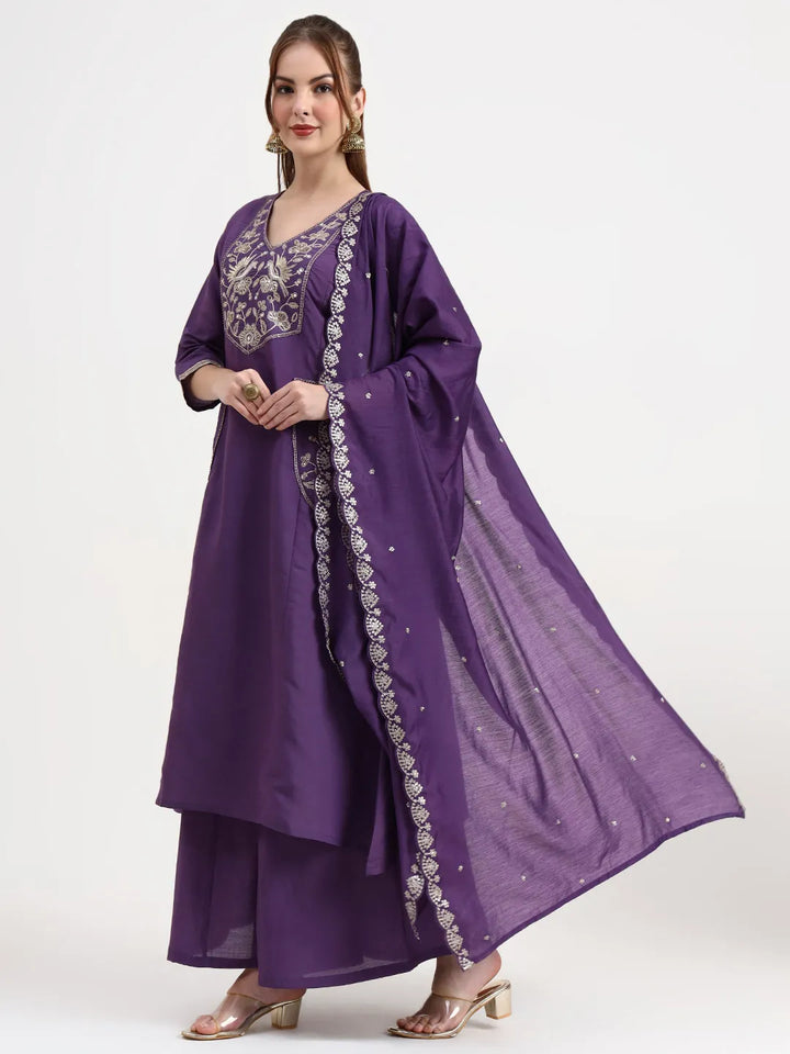 Roman Silk Purple Kurta Dupatta Palazzo Set