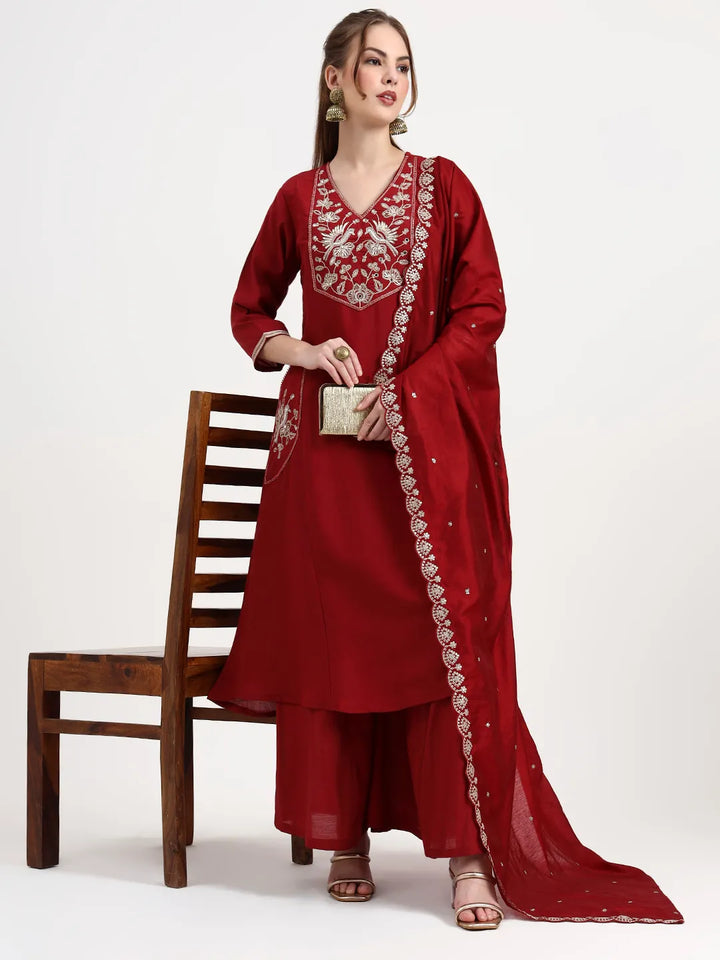 Roman Silk Maroon Kurta Dupatta Palazzo Set