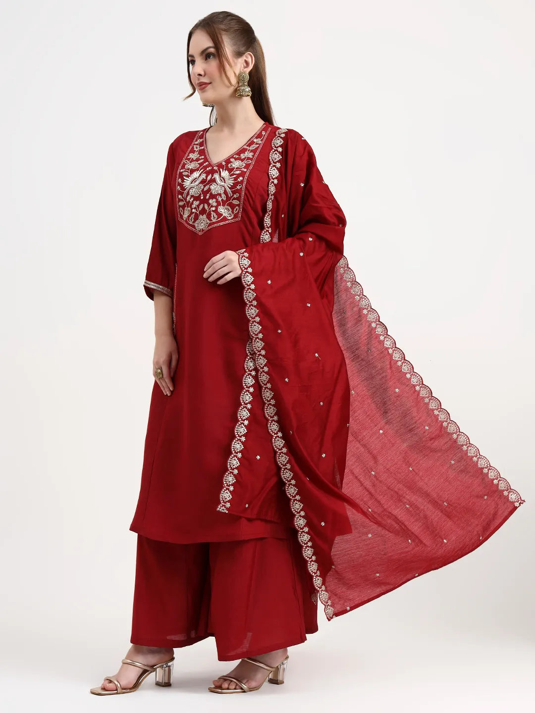 Roman Silk Maroon Kurta Dupatta Palazzo Set