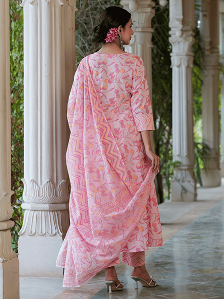 Floral Embroidered Pure Cotton Kurta with Trousers & With Dupatta