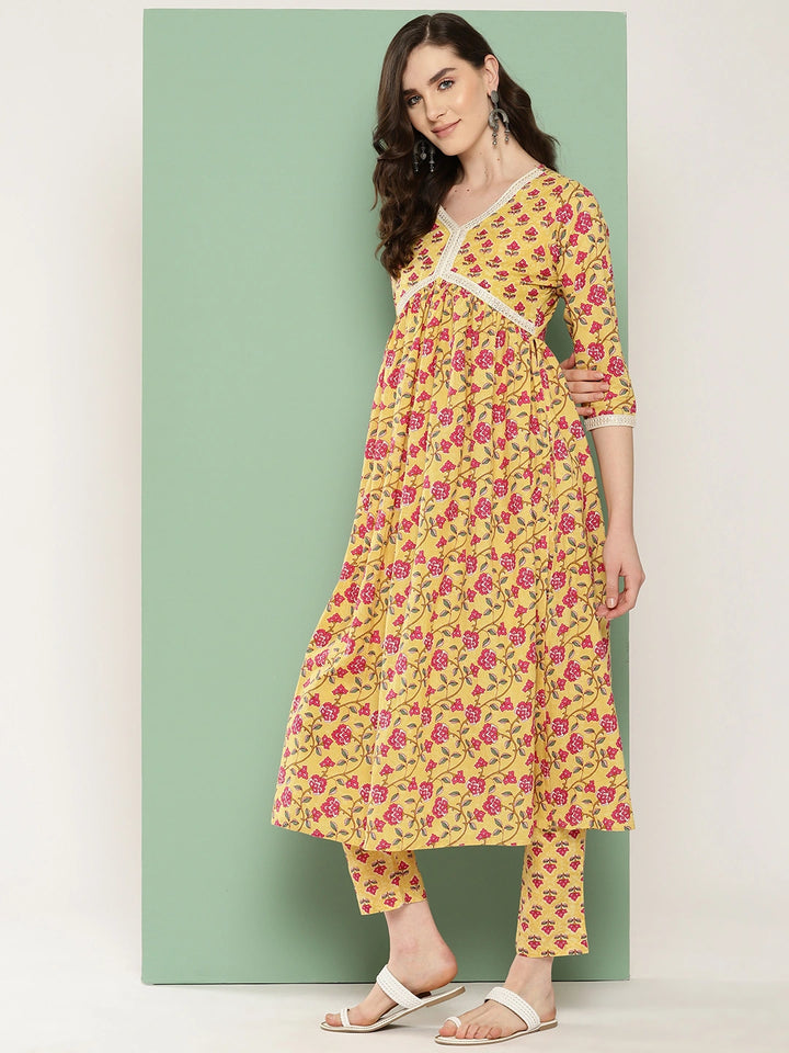 Yellow Floral Printed Regular Pure Cotton Kurta with Trousers & With Dupatta Set