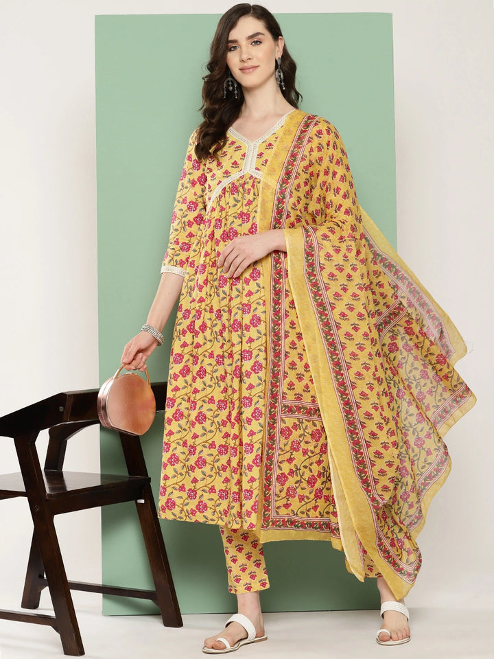 Yellow Floral Printed Regular Pure Cotton Kurta with Trousers & With Dupatta Set