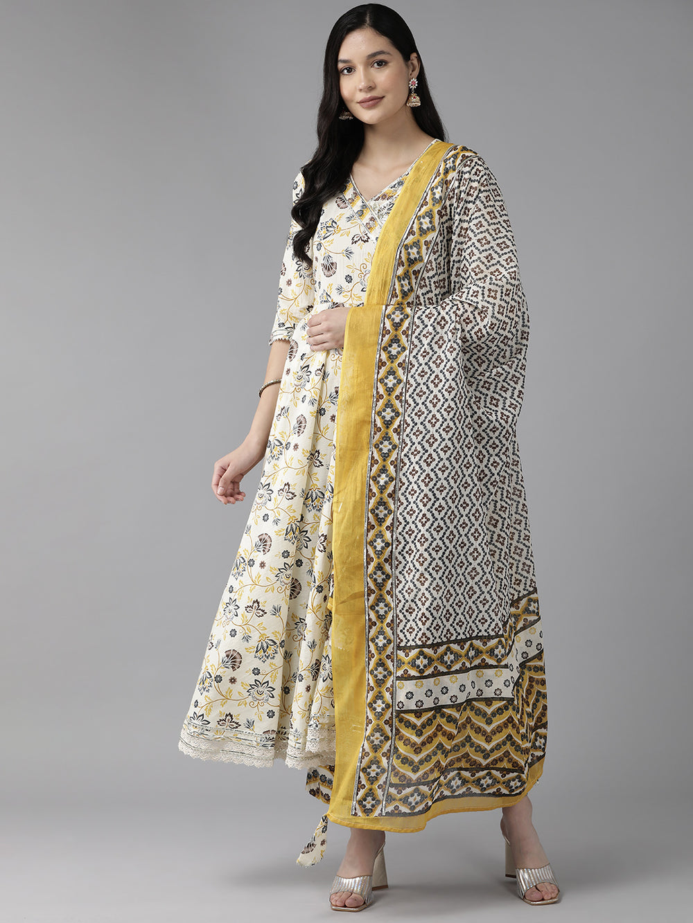 Yellow And White Printed Angrakha Gotta Patti Pure Cotton Kurta with Trousers & With Dupatta