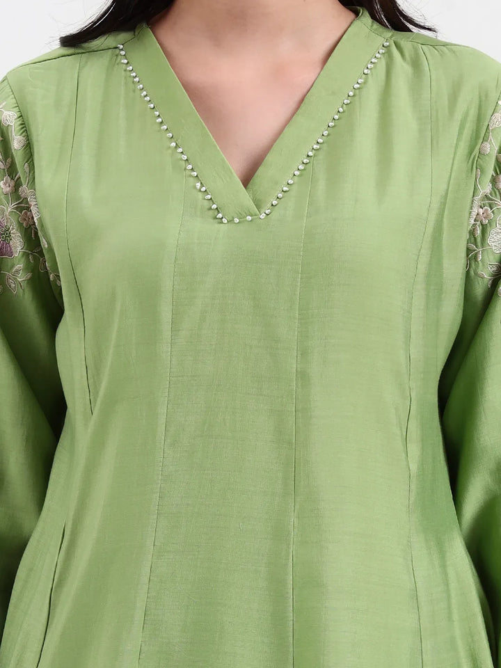 Green Solid Roman Silk Anarkali Kurta Palazzo Dupatta Set