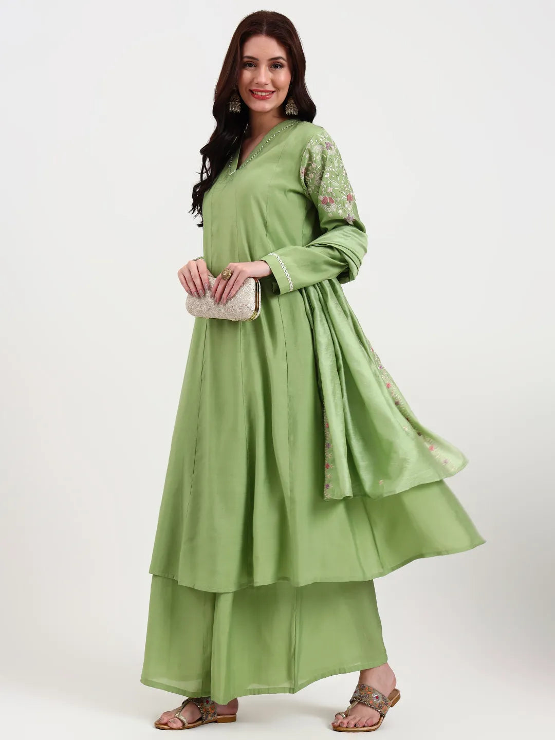 Green Solid Roman Silk Anarkali Kurta Palazzo Dupatta Set
