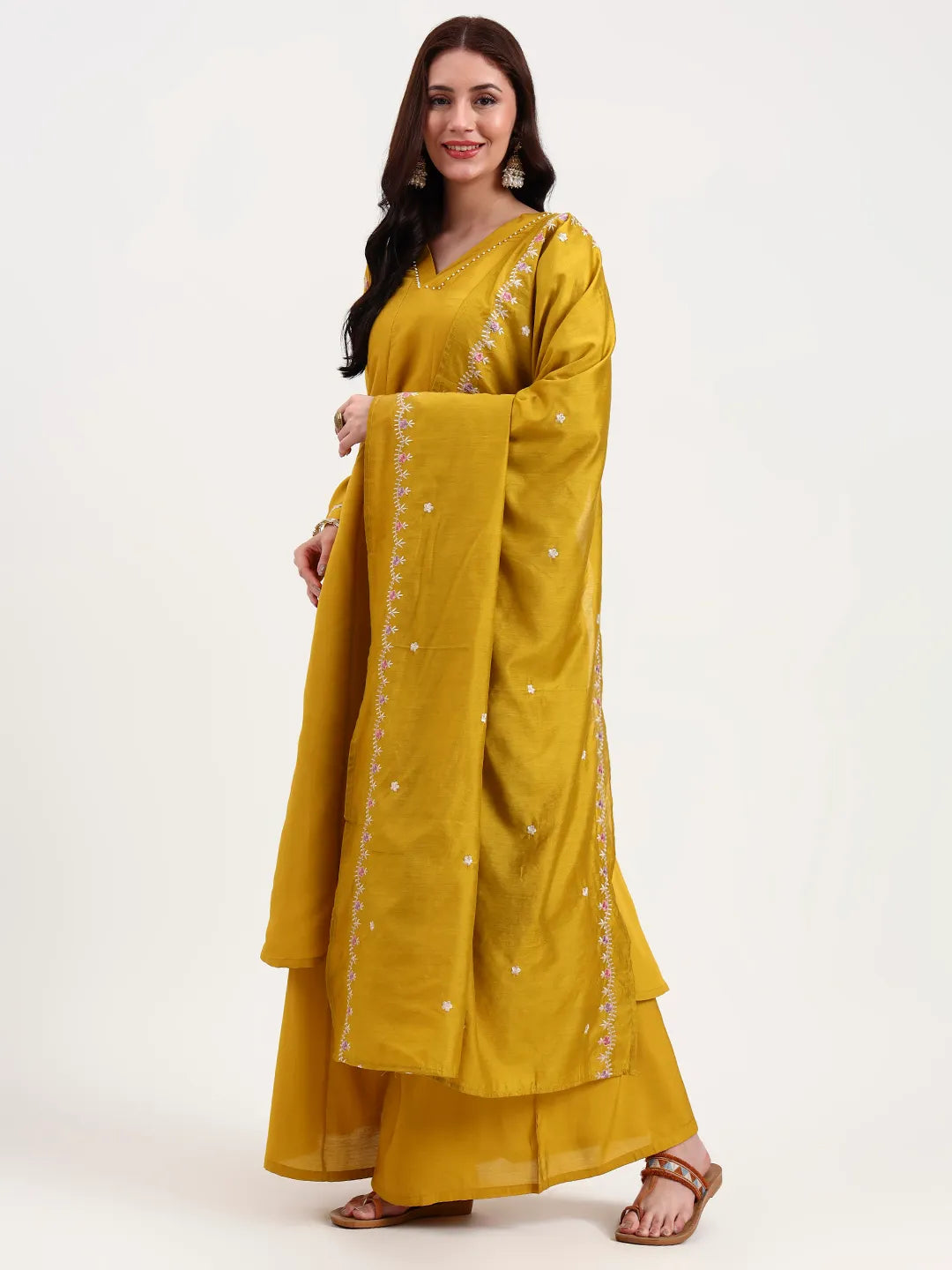 Mustard Solid Roman Silk Anarkali Kurta Palazzo Dupatta Set