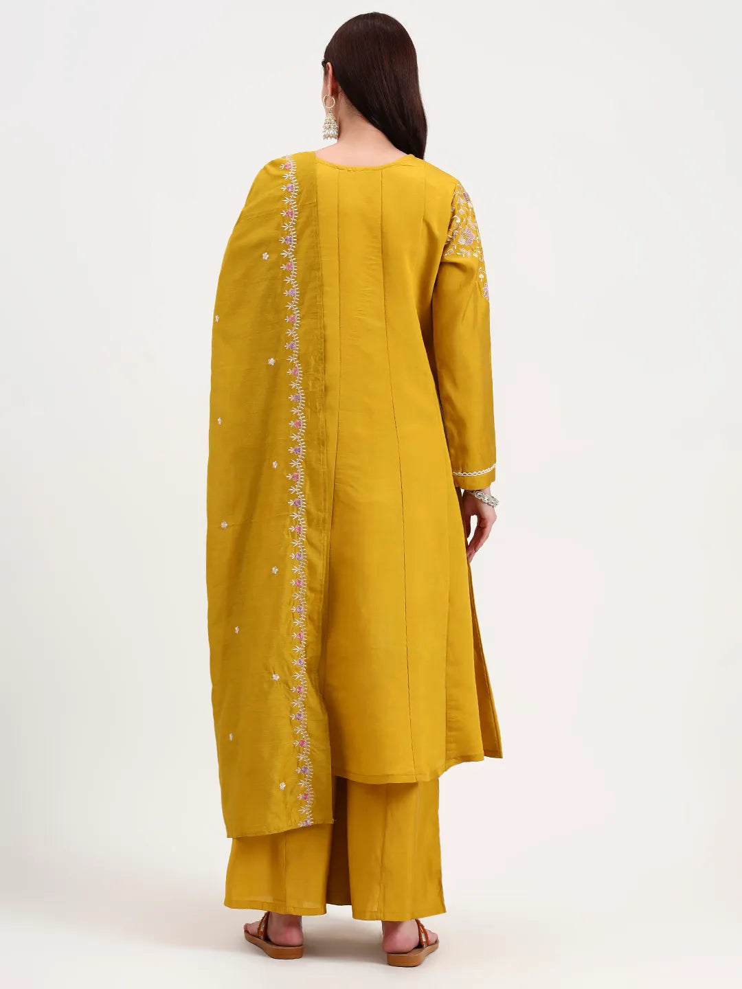 Mustard Solid Roman Silk Anarkali Kurta Palazzo Dupatta Set