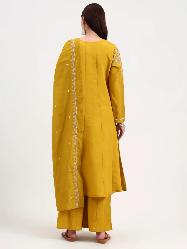 Mustard Solid Roman Silk Anarkali Kurta Palazzo Dupatta Set