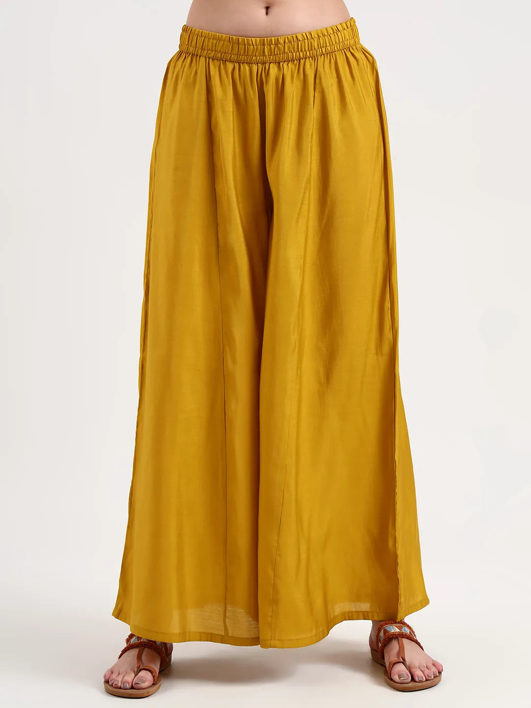 Mustard Solid Roman Silk Anarkali Kurta Palazzo Dupatta Set