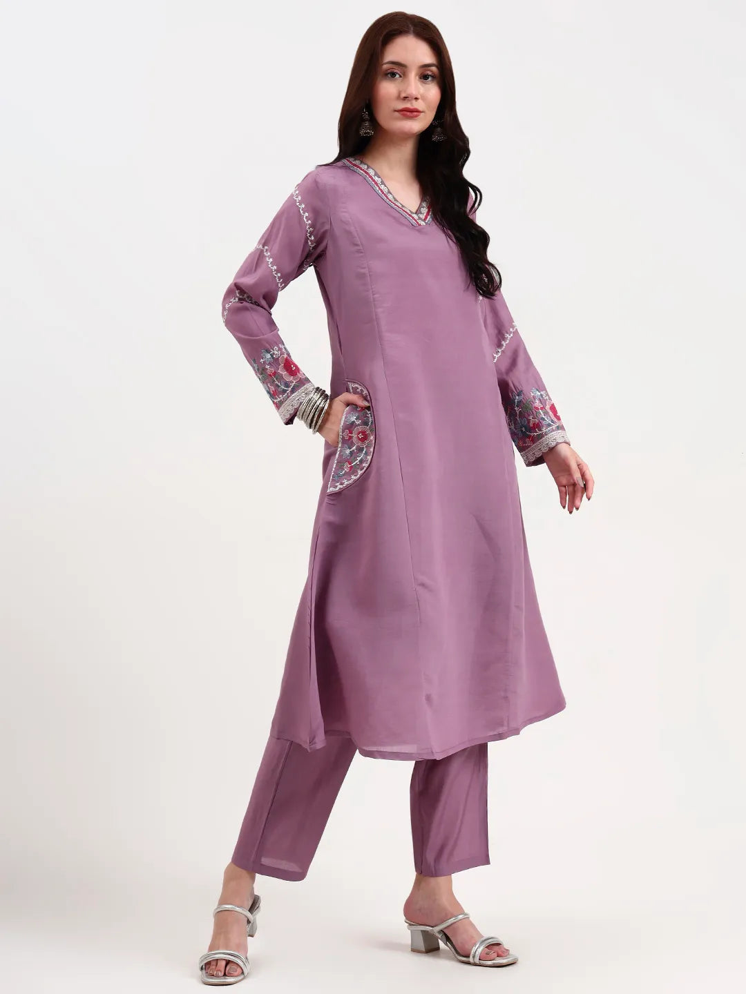Roman Silk Lavender Kurta Dupatta Pant Setset