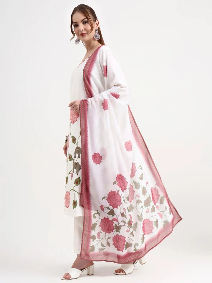 Roman Silk White Kurta Dupatt Pant Set