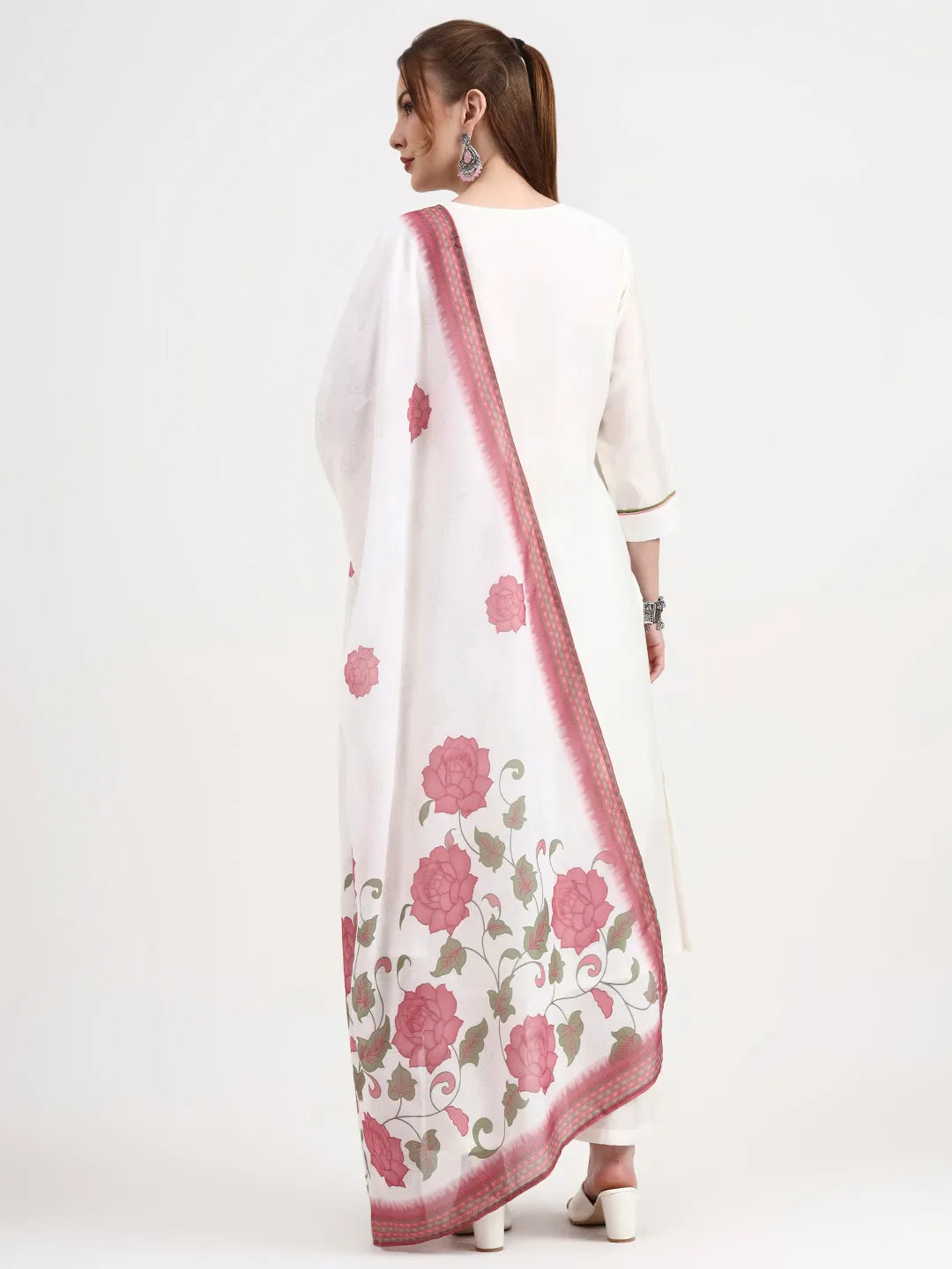 Roman Silk White Kurta Dupatt Pant Set