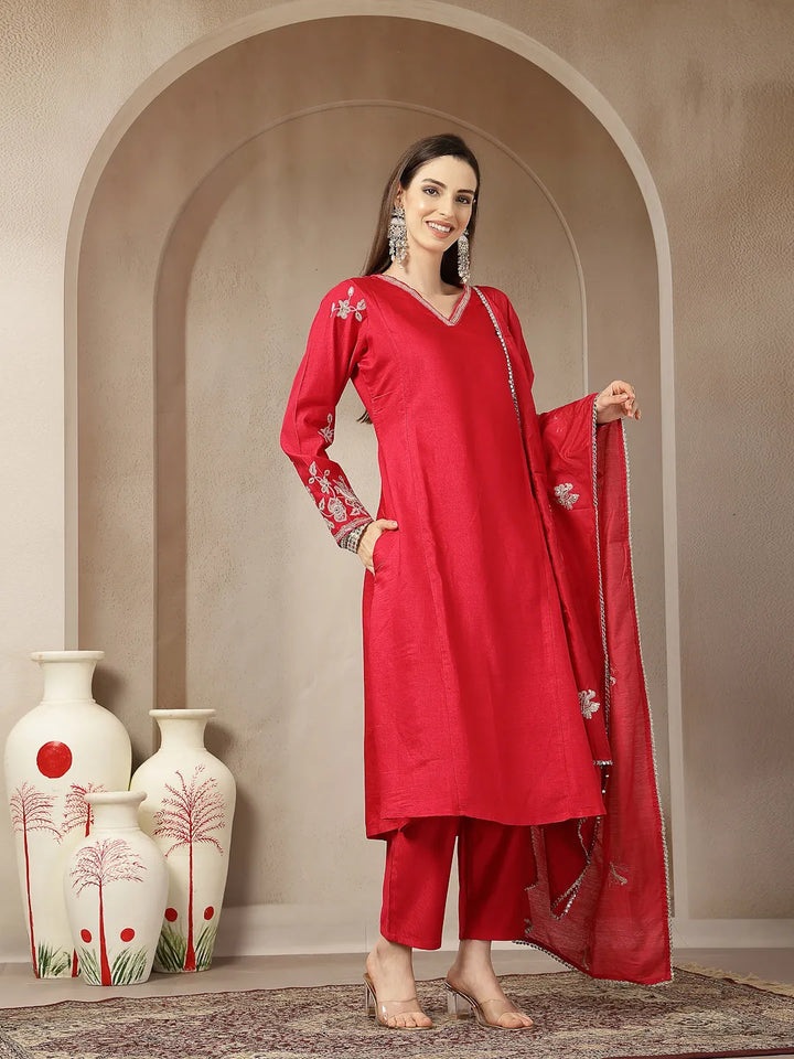 Pink Vatican Silk Dori Embroidery Mirror Work Kurta Trouser Dupatta Set