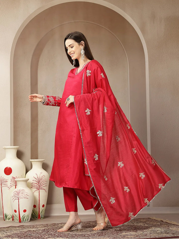 Pink Vatican Silk Dori Embroidery Mirror Work Kurta Trouser Dupatta Set