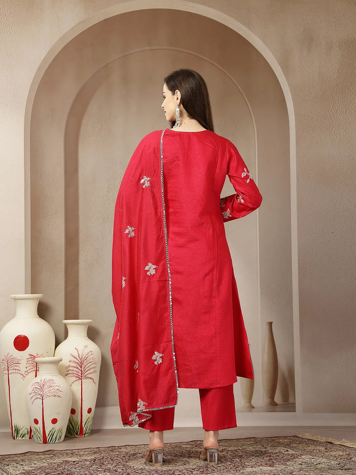 Pink Vatican Silk Dori Embroidery Mirror Work Kurta Trouser Dupatta Set