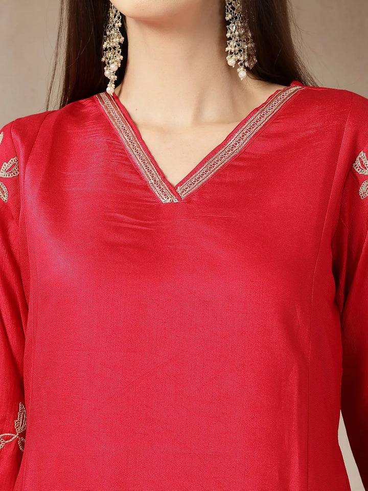 Pink Vatican Silk Dori Embroidery Mirror Work Kurta Trouser Dupatta Set