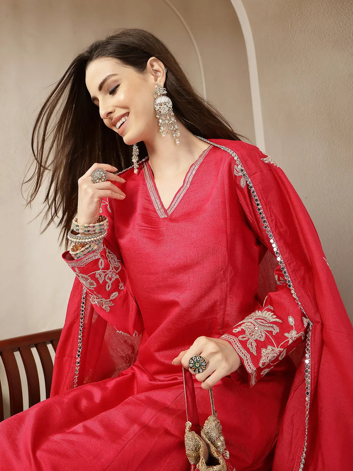 Pink Vatican Silk Dori Embroidery Mirror Work Kurta Trouser Dupatta Set