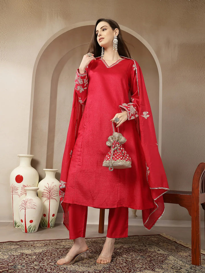 Pink Vatican Silk Dori Embroidery Mirror Work Kurta Trouser Dupatta Set