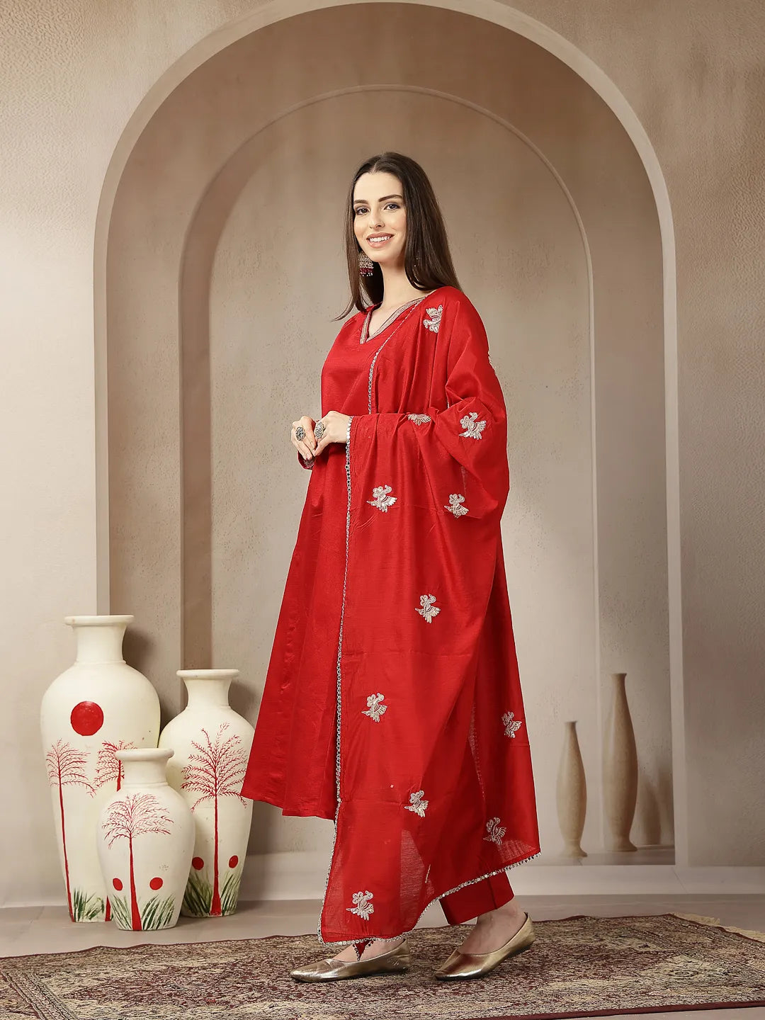 Red Vatican Silk Dori Embroidery Mirror Work Kurta Trouser Dupatta Set