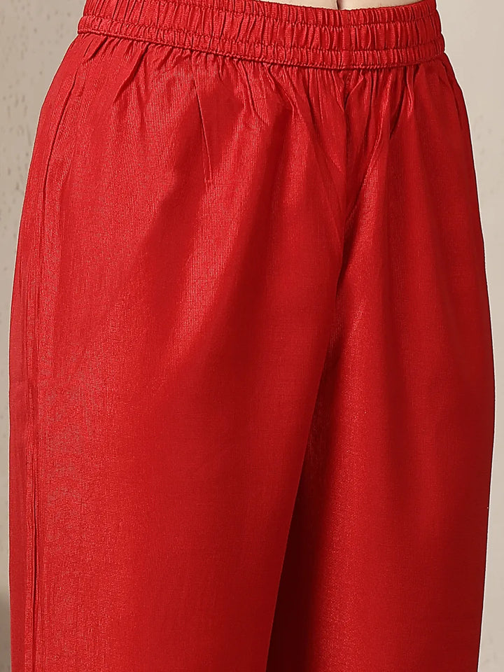 Red Vatican Silk Dori Embroidery Mirror Work Kurta Trouser Dupatta Set