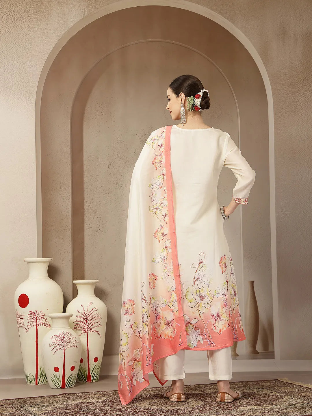 Cream And Peach Mul Chanderi Silk Floral Print Anarkali Kurta Trouser Dupatta Set