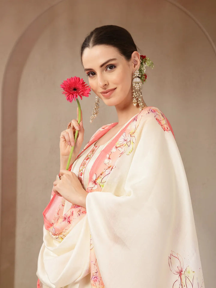 Cream And Peach Mul Chanderi Silk Floral Print Anarkali Kurta Trouser Dupatta Set