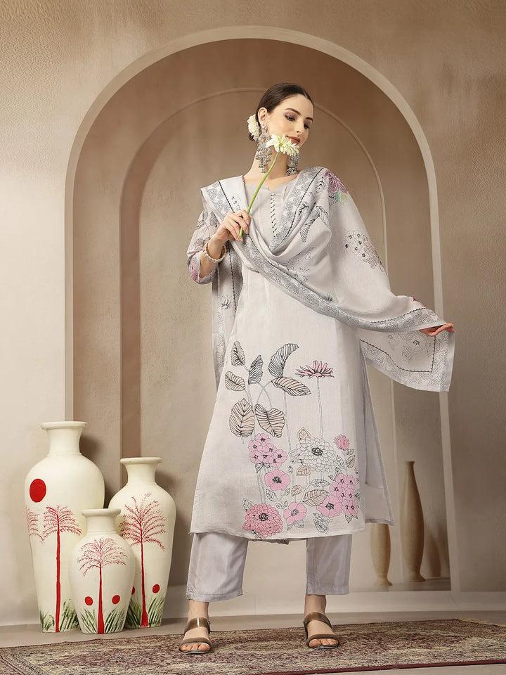 Mul Chanderi Light Grey Kurta Dupatt Pant Set