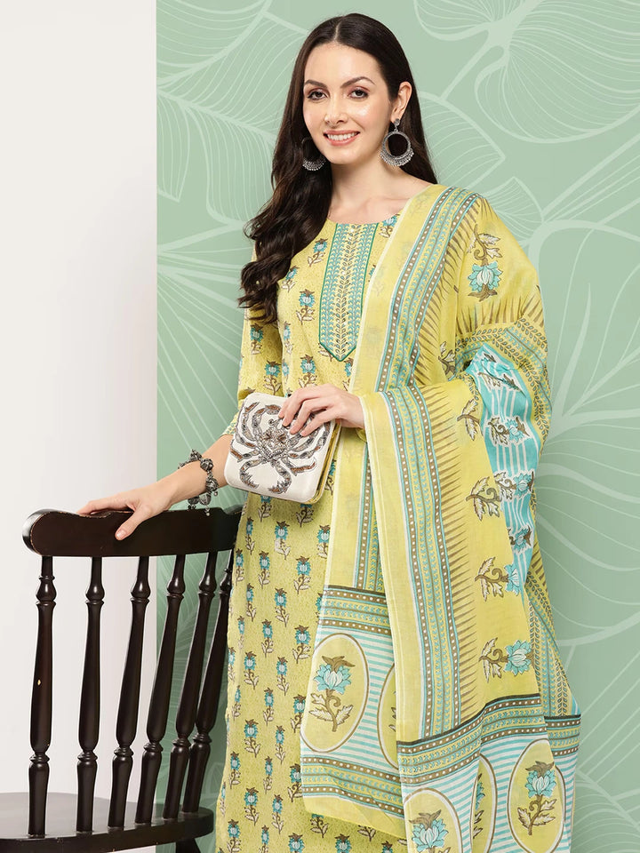 Olive Green Floral Printed Pure Cotton Kurta With Trouser And Dupatta