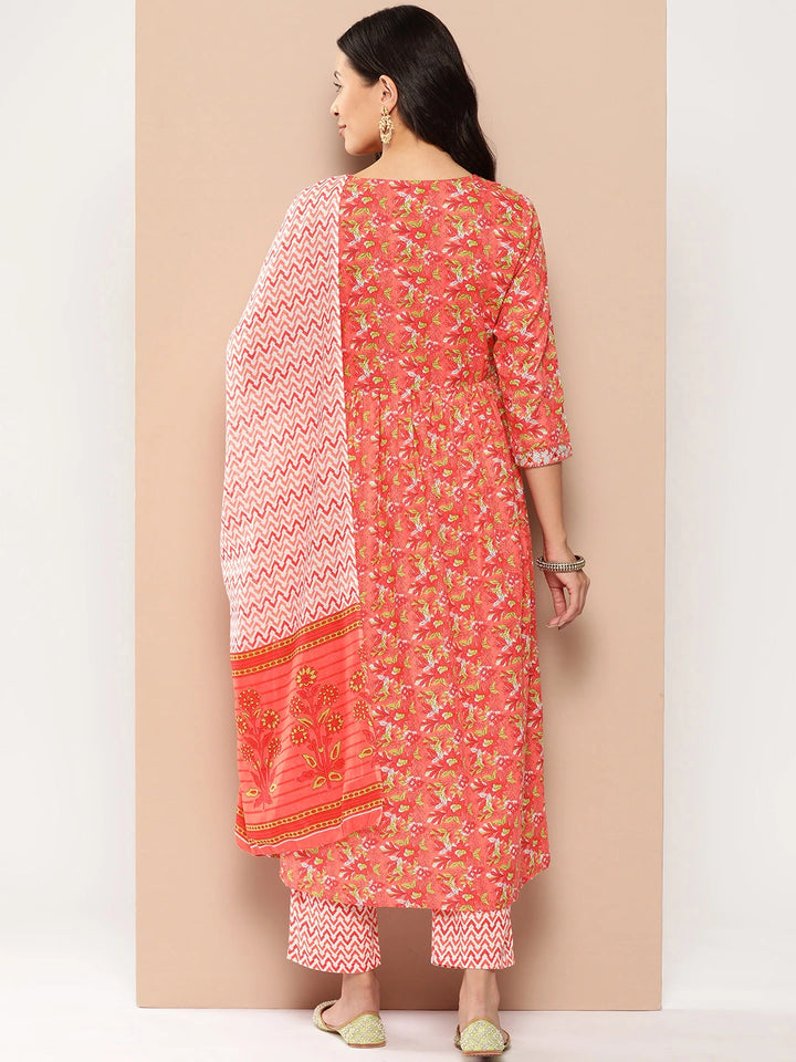 Peach Floral Print Thread Work Pure Cotton alia-cut Kurta with Trousers & With Dupatta Set
