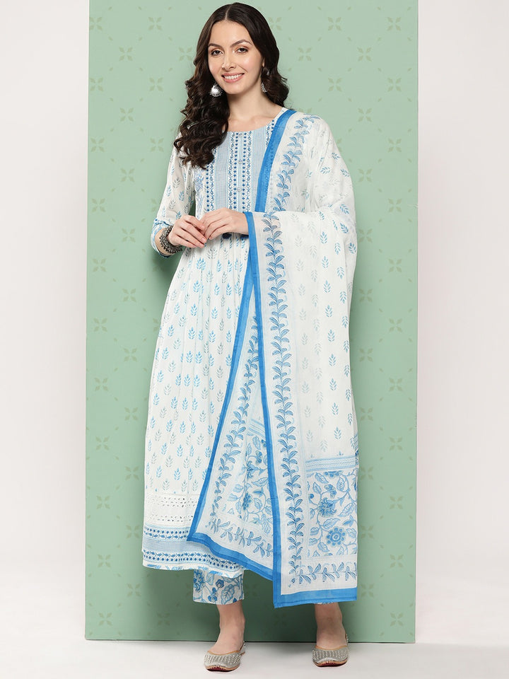 Women Ethnic Printed Regular sequined Cotton Kurta with Trousers & Dupatta
