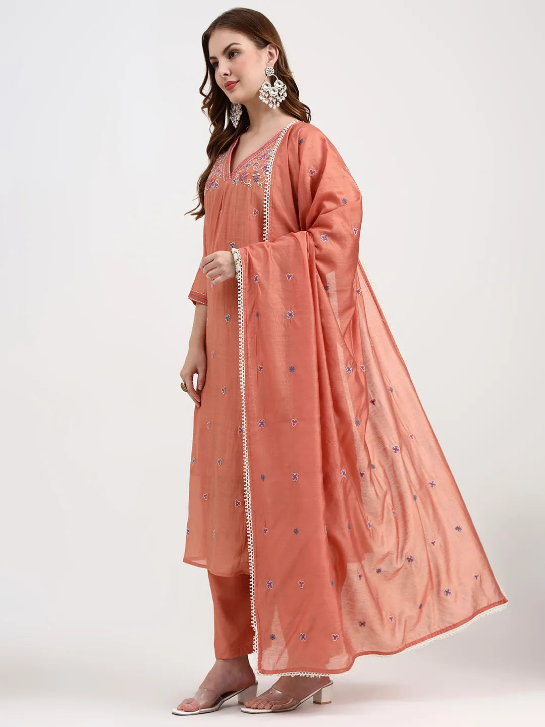Peach Chanderi Silk Kantha Work Anarkali Kurta Trouser Dupatta Set