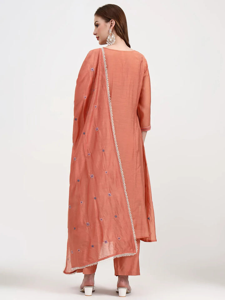 Peach Chanderi Silk Kantha Work Anarkali Kurta Trouser Dupatta Set