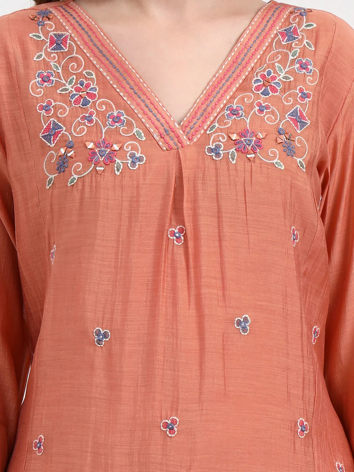 Peach Chanderi Silk Kantha Work Anarkali Kurta Trouser Dupatta Set