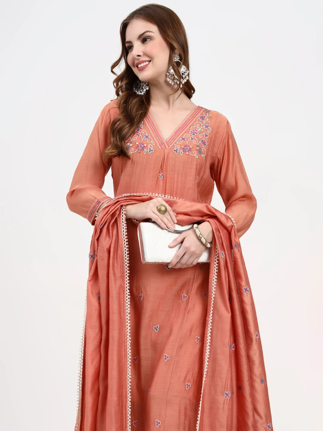 Peach Chanderi Silk Kantha Work Anarkali Kurta Trouser Dupatta Set