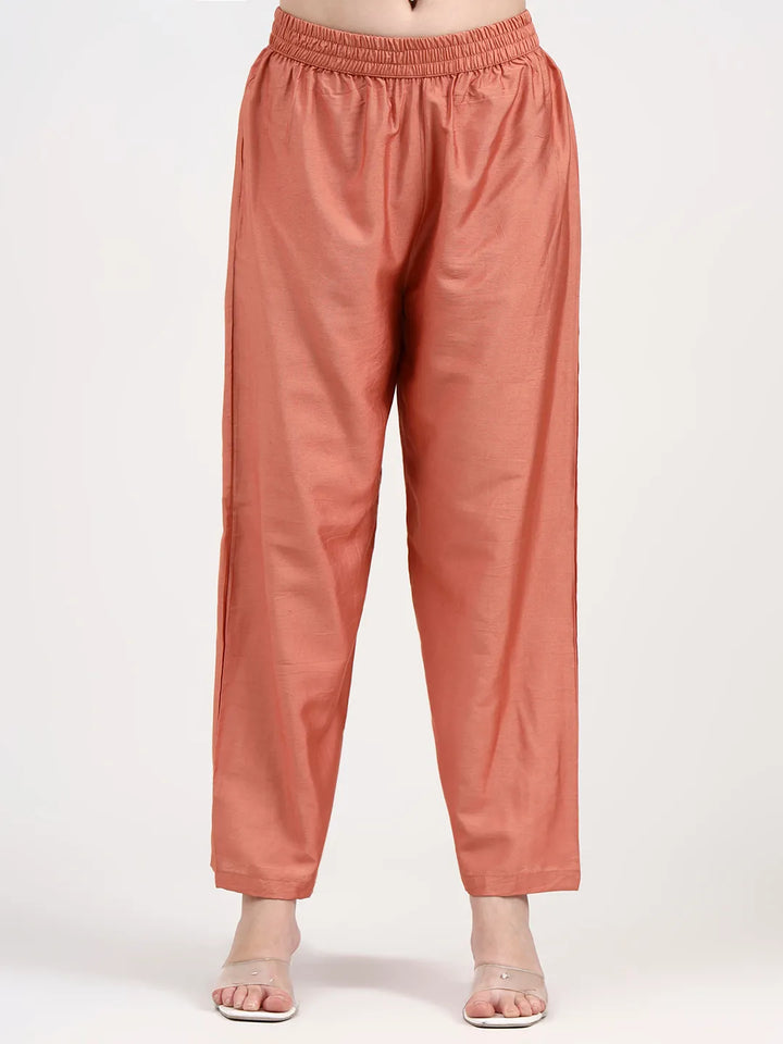 Peach Chanderi Silk Kantha Work Anarkali Kurta Trouser Dupatta Set