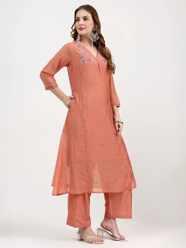 Peach Chanderi Silk Kantha Work Anarkali Kurta Trouser Dupatta Set