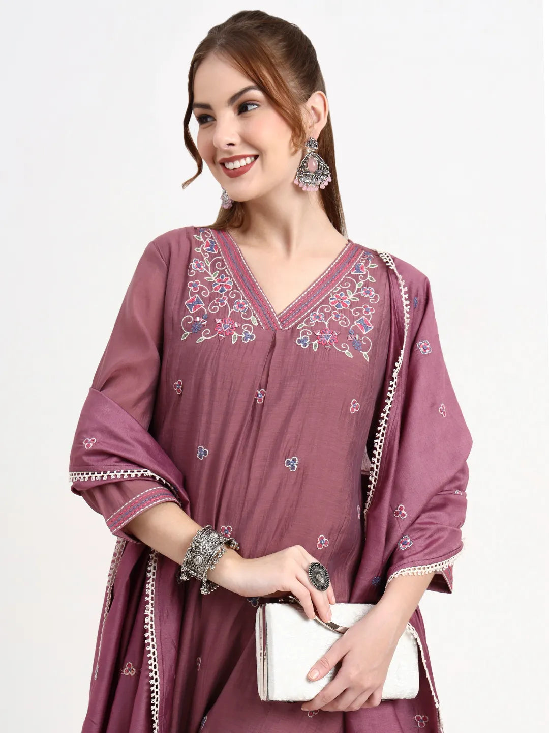 Purple Chanderi Silk Kantha Work Anarkali Kurta Trouser Dupatta Set