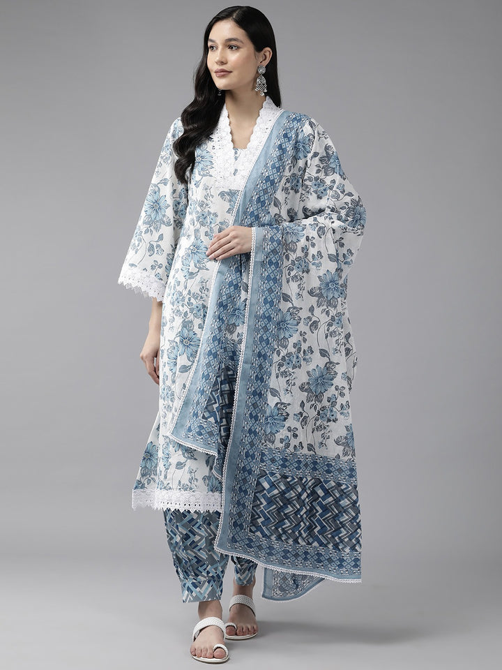 White Floral Printed Thread Work Pure Cotton Kurta with Harem Pants & With Dupatta Set