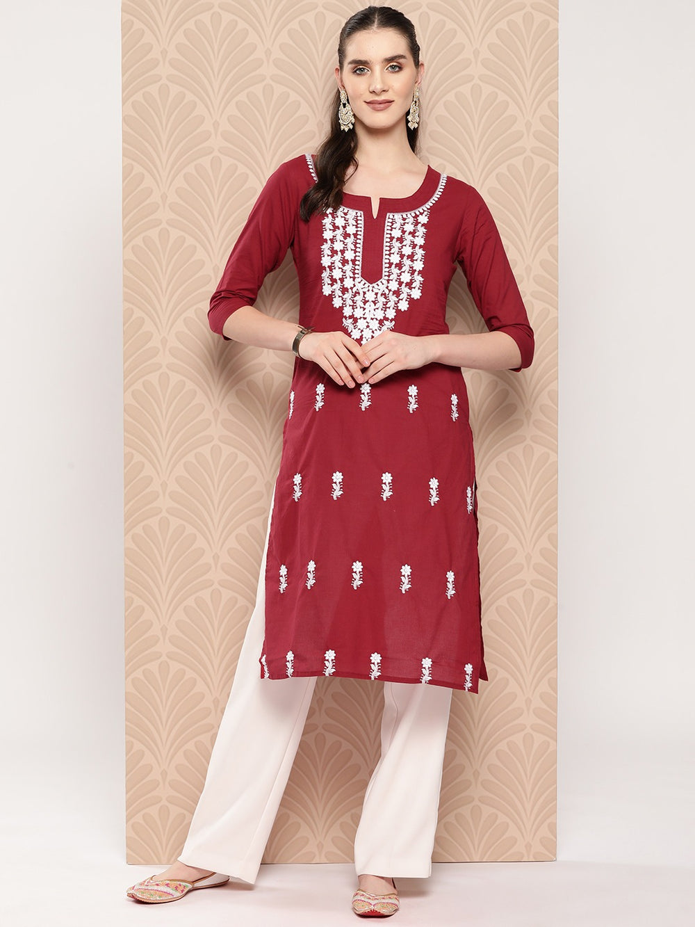 Maroon Floral Embroidered Pure Cotton Kurta